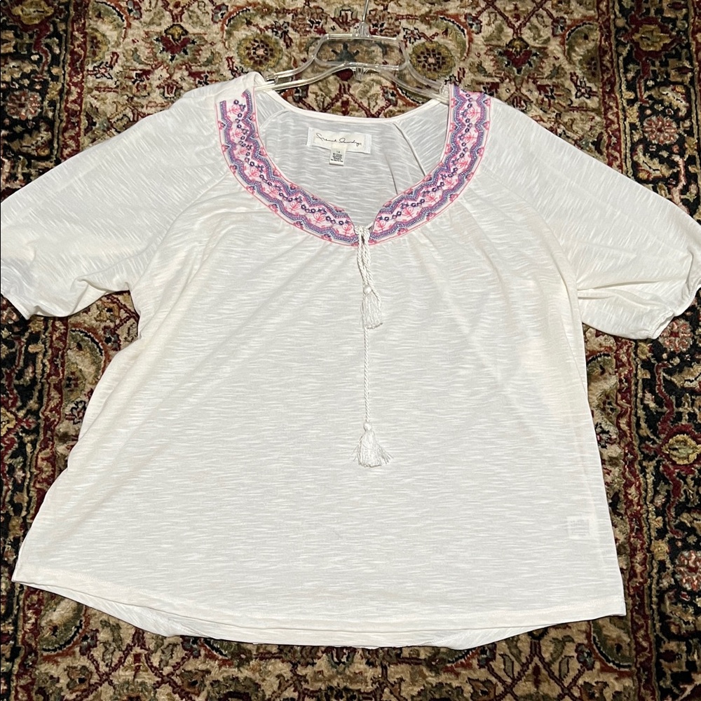 English Laundry White Tunic with Pink & Purple Embroidered Neckline Size 1X